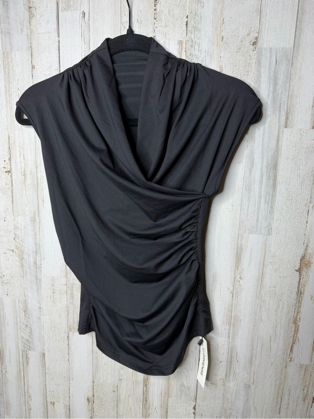 Commense Black Drape-Front Ruched Cap-Sleeve Top
